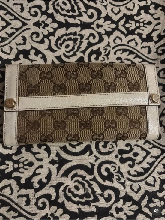 Gucci Brown Monogram Wallet with Cream Trim and Gold Accents