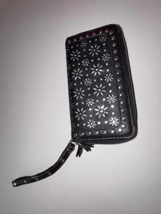 Black Floral Stud Zip-Around Wristlet Wallet