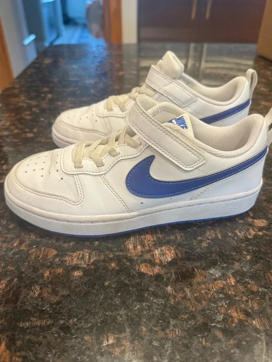 Nike Court Borough Low Recraft Kids White Sneakers with Blue Swoosh and Strap