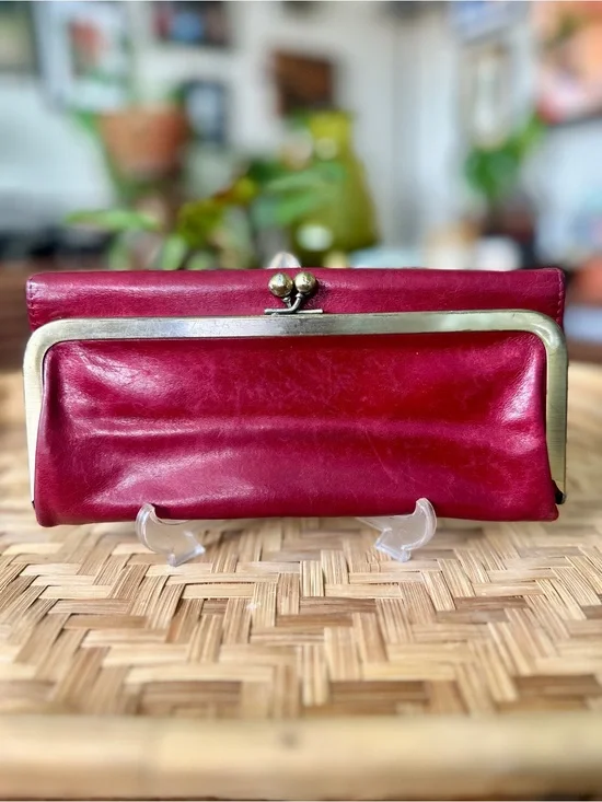 Hobo International Red Leather Kiss Lock Frame Trifold Clutch Wallet