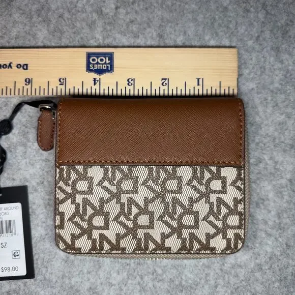 DKNY Women's Velita-Small Zip Around Billfold, Brown Logo and Tan