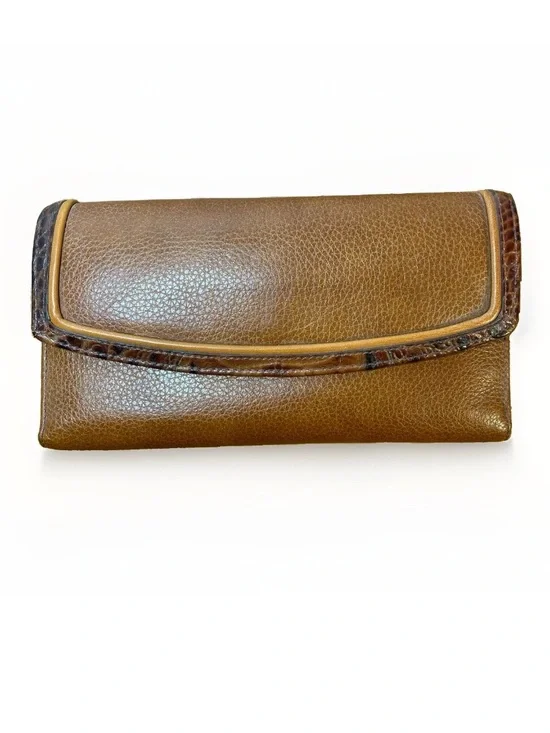 Brahmin Leather Tri-Fold Envelope Wallet Crocodile Brown Snap Zipper Checkbook