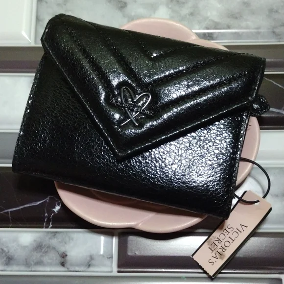 Victoria's Secret Black Faux Patent Leather Quilted  Wallet NWT