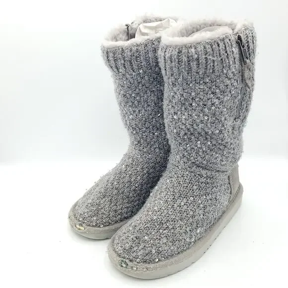 UGG Treadlite Silver Gray Sequin Knit Mid Calf Sweater Boots girls Size 13