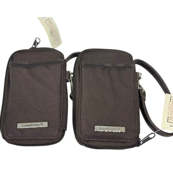 NWT Longaberger Brown Wristlet Strap Wallet Set 2 Homestead Logo Zip Travel Size