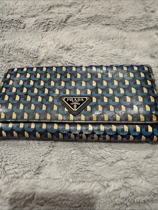 Prada Blue Geometric Print Leather Clutch Wallet