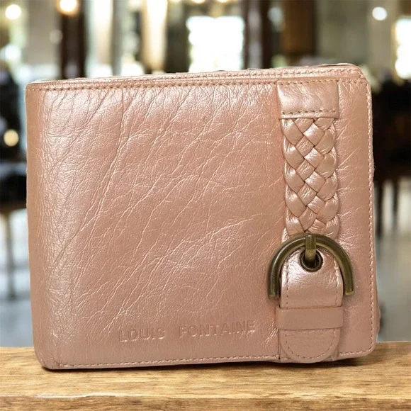 Vintage Louis Fontaine Leather Wallet Braided Accent Pale‎ Pink Fold Over