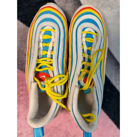 Nike Air Max 97 GS White Blue Yellow Red Sneakers CK0006-100 Kids Size 6.5Y