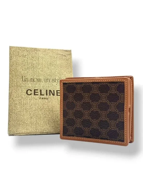 Celine Macadam Pattern Triomphe Compact Wallet Fold Mini Leather Camel Brown