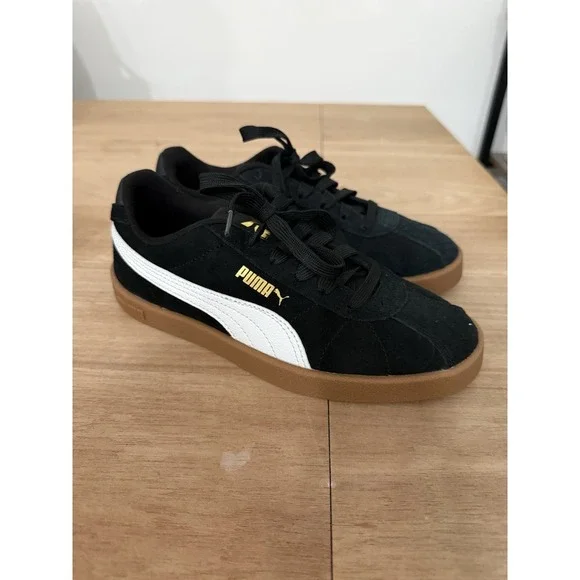 Puma Club 2 Sneakers Kids Black White Gum Sole‎ Lace-Up Shoes Size US 4Y