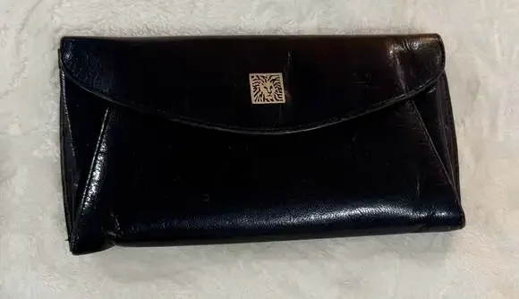 Vintage Anne Klein Black Leather Clutch Wallet with Gold Lion Logo