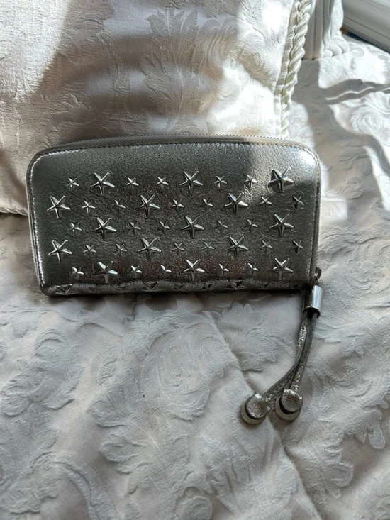 7021. Jimmy Choo Filipa Metallic Silver Star-Embellished Zip Around Wallet