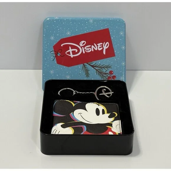 Disney Buckle Down Mickey Mouse Black Bifold Wallet Keychain Metal Tin Gift Box