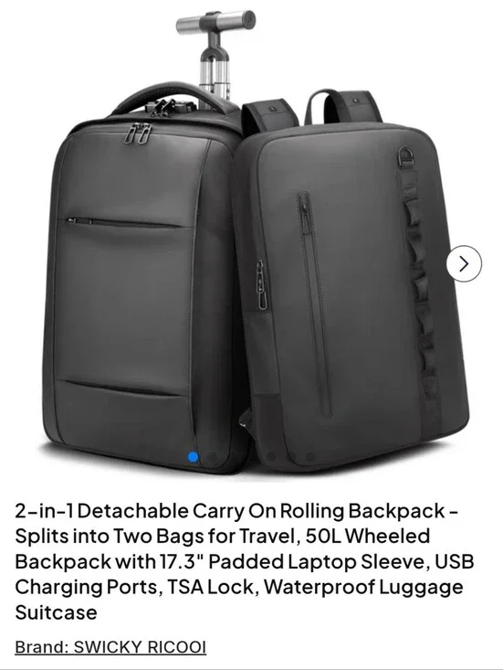2-in-1 Detachable Carry-On Rolling Backpack TSA Lock Dual Charging Ports 50L
