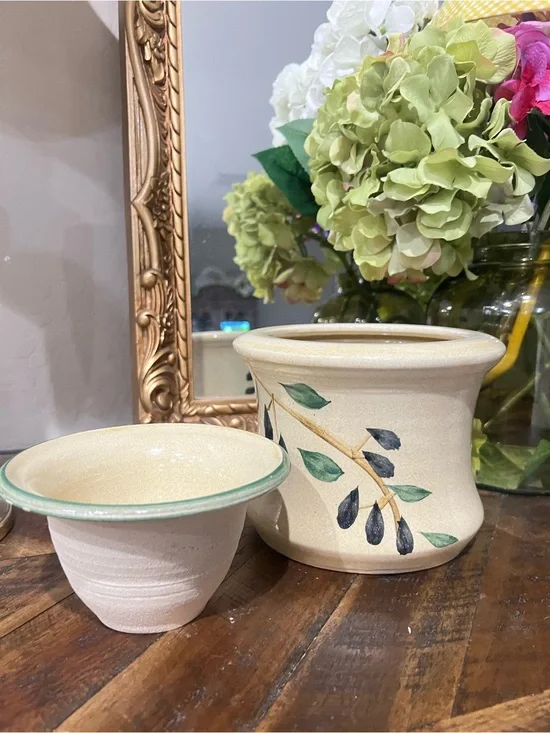 Hand-Painted Olive Branch Ceramic Planter with Matching Pot