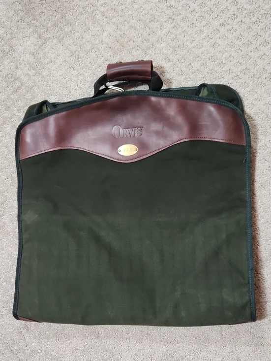 Orvis Dark Green Canvas Garment Bag with Brown Leather Accents