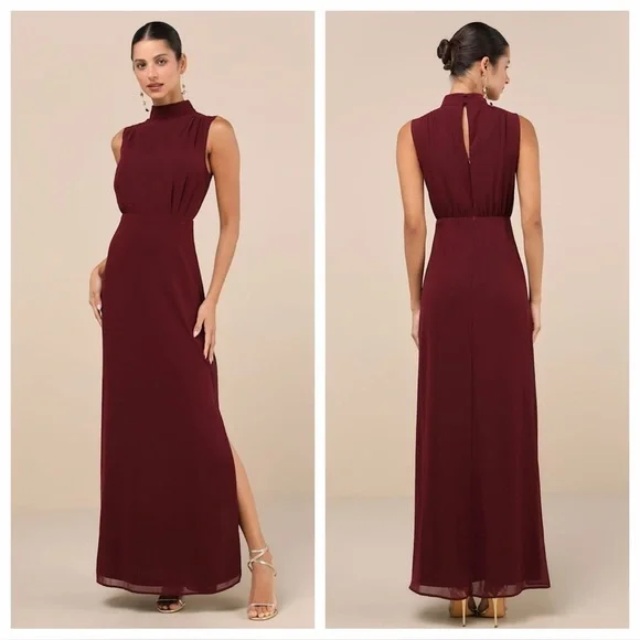 Lulus Classic Elegance Plum Chiffon Sleeveless Mock Neck Maxi Dress