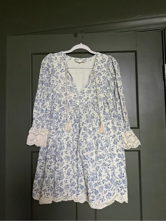 Olivaceous White Mini Dress with Blue Floral Print