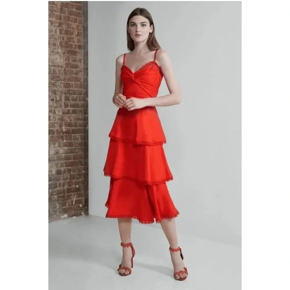 Marchesa Notte Tiered Lace Trim Midi Dress Size 0 Red Glam Holiday Event Wedding