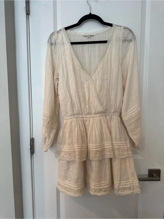 Women’s American Eagle Dainty Cream Lace-Trim Ruffle Hem Dress