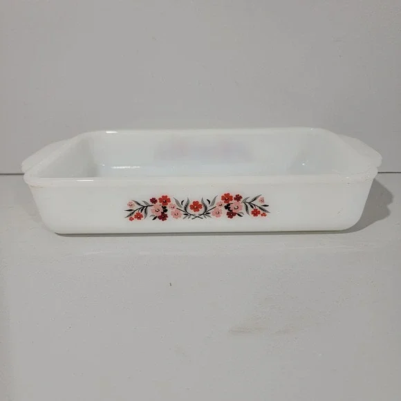 Vintage Fire-King Primrose Milk Glass Rectangle Casserole Baking Dish 1960s 11x7
