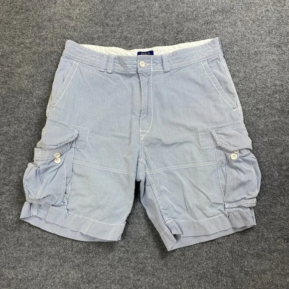 Polo Ralph Lauren Cargo Shorts Mens 36 Blue White Pinstripe Cotton Preppy‎ Beach