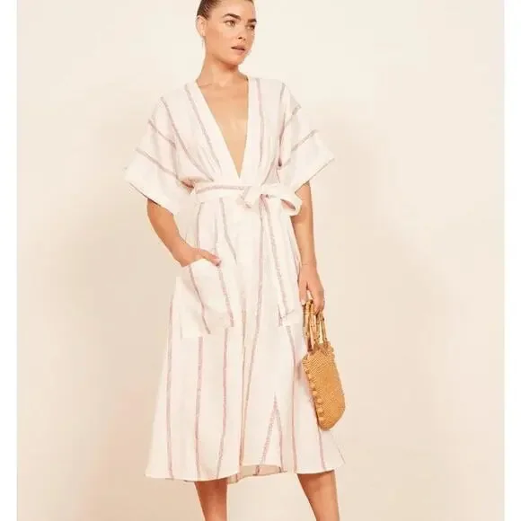 NWT • Reformation Red and Cream Geneva Dress Linen Size: 0
