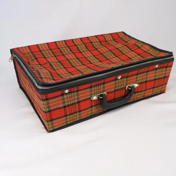 Vintage 60s/70s Suitcase Red Plaid Folding‎ Collapsible Travel Bag Carry On