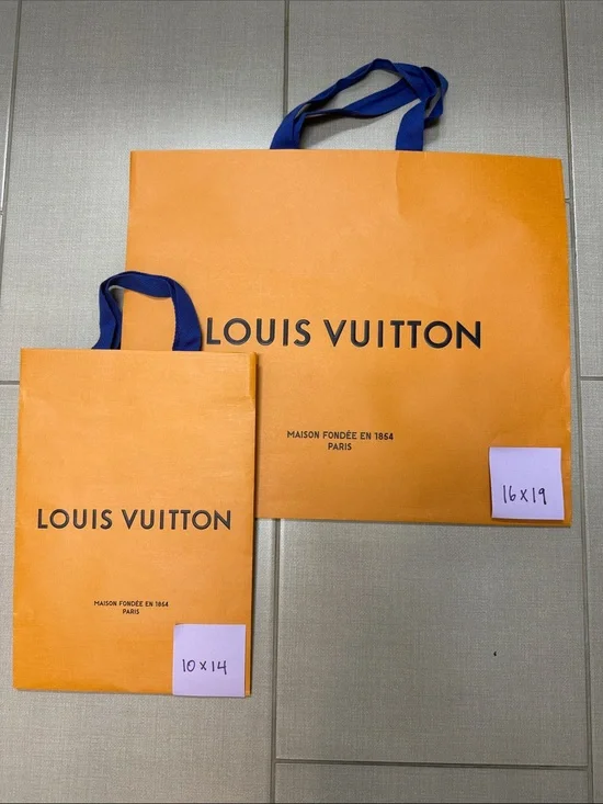 Louis Vuitton Orange Shopping Bags with Blue Ribbon Handles - Set of 2
