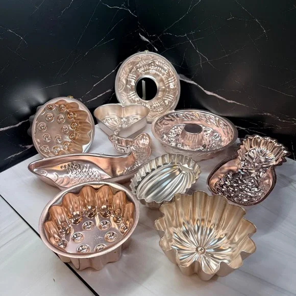 Vintage Copper Tone Aluminum Jello Cake Mold Lot Fish Pineapple Heart Floral 9pc