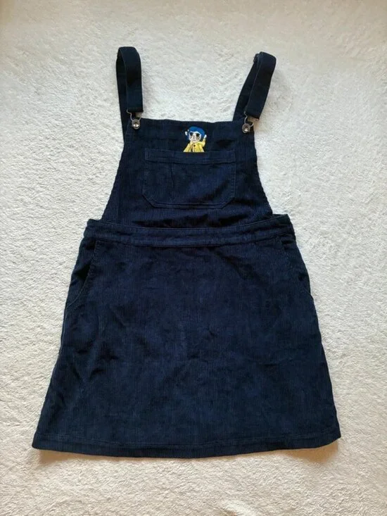 Coraline Corduroy Pinafore Dress Navy Embroidered Detail USL