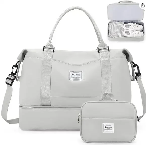 NWT Cream Weekender Bag Travel Duffel w/ Champagne Straps & Makeup Bag