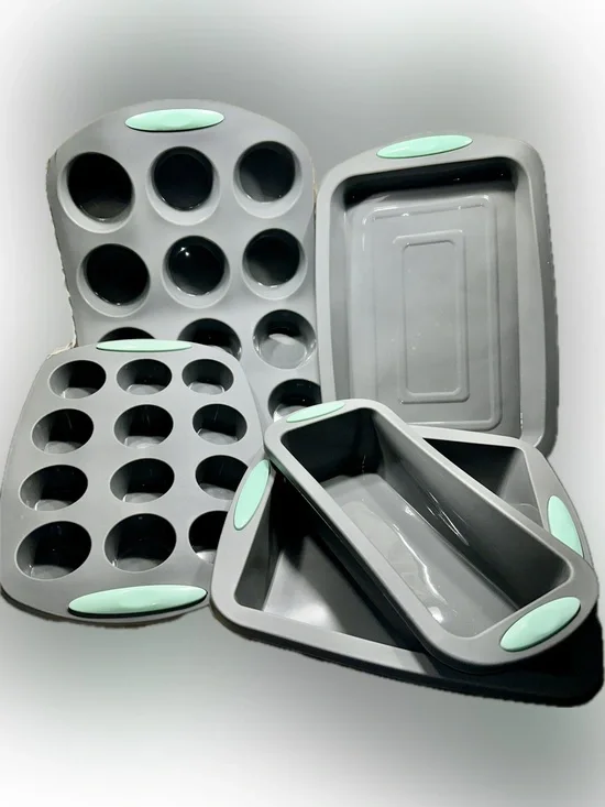 5 Piece Silicone Bakeware Set Grey Mint Muffin Pan Loaf Sheet Square Baking