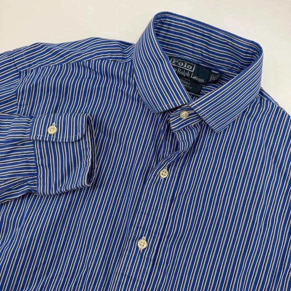 Polo Ralph Lauren Regent Custom Fit‎ Blue White Stripe Dress Shirt Men 15 1/2
