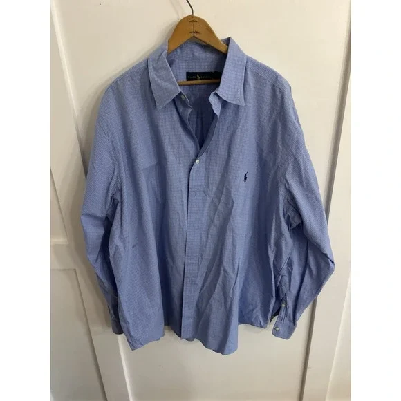 Polo Ralph Lauren Men's Gingham Button Down Shirt Blue Long Sleeve 2XB/2G Logo