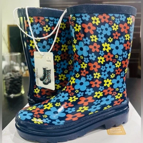 Lily & Dan Girls Kids Blue With Flowers Non-Slip Rubber Rain Boots  Sz 13/1