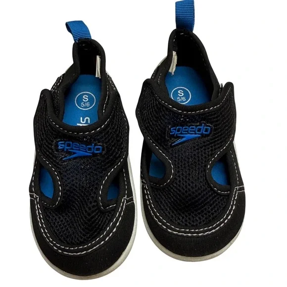 Speedo Toddler Mesh Water Shoes Black Blue Hook Loop Strap Size 5/6 Swim Beach