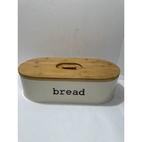 SveBake Bread Box Metal With Bamboo Top Cutting Board Lid Beautiful 