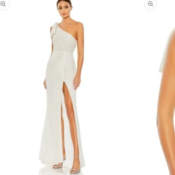 NWT | Mac Duggal 93735 White Pearl Soft Tie One Shoulder Gown Size 10
