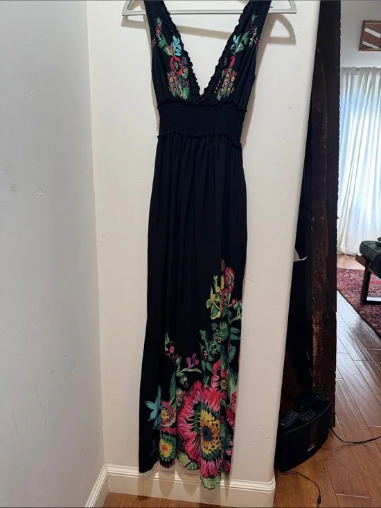 Desigual Black Floral V-neck Maxi Dress