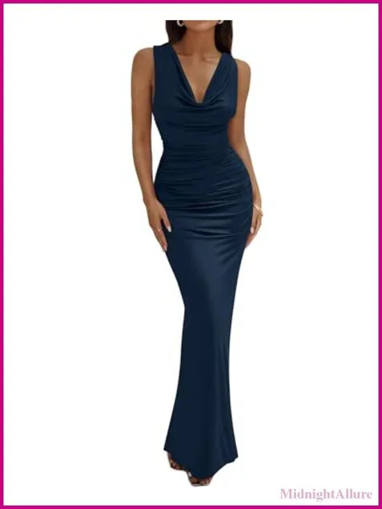 Sleeveless Cowl Neck Ruched Bodycon Maxi Dress for Wedding Guest Cocktail Party