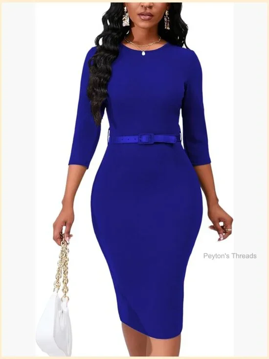 3/4 Sleeve Bodycon Pencil Midi Dress with Belt Crew Neck