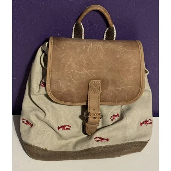 Vintage LL Bean Boat & Tote Backpack Bag Lobster Leather Canvas Hunt Fish Rare