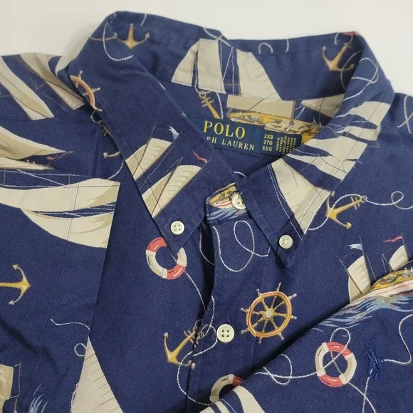 NWT Polo Ralph Lauren Mens 2XB Blue Nautical Sailboat Anchor AOP Button Up Shirt