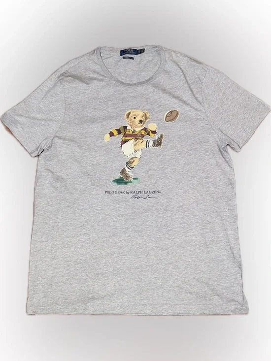 Polo Bear Ralph Lauren Custom Slim Fit Rugby Kicking Football Preppy TShirt Gray
