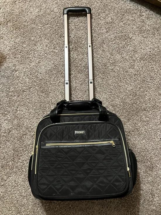 Quilted Black Rolling Travel Tote with Gold Accents