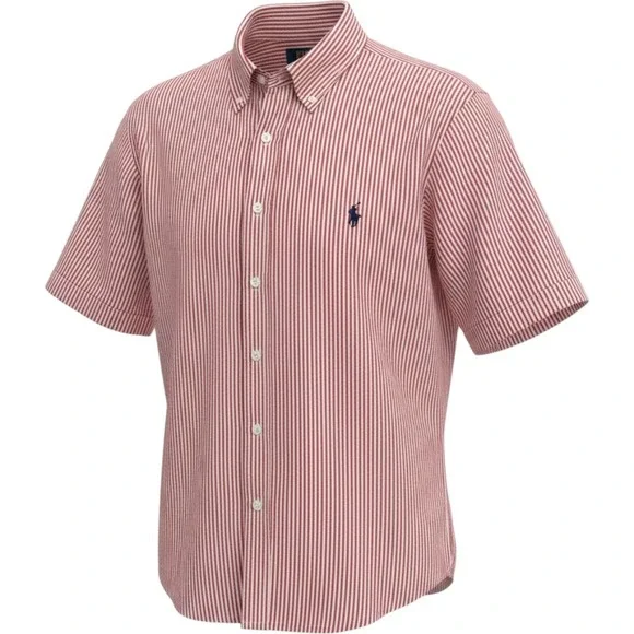 Polo Ralph Lauren Button Down Mens 2XLT Red Seersucker Stripe Short Sleeve Shirt