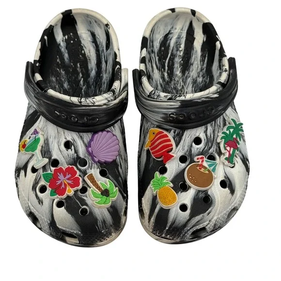 Crocs Comfort Slide Clogs‎ Toddler 11 Black & White Marbled Tropical Charms
