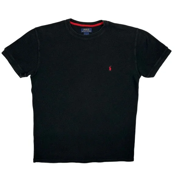 Polo Ralph Lauren Mens Large Black Waffle Knit Thermal Short Sleeve T-Shirt Pony