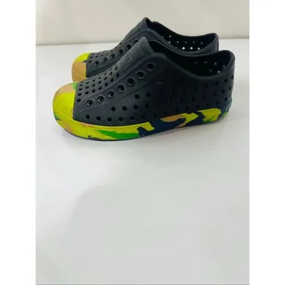 Native Jefferson Marbled Kids Shoes Jiffy Black/Grasshopper Green/Marble C8 Chil